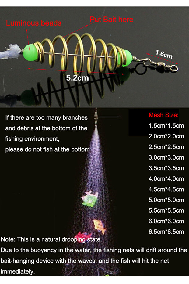 7 mesh size 3.5cm 1Pcs Fish Bait Net Nylon Folding Fishing Spring Net with Luminous Beads Netting fo - 1