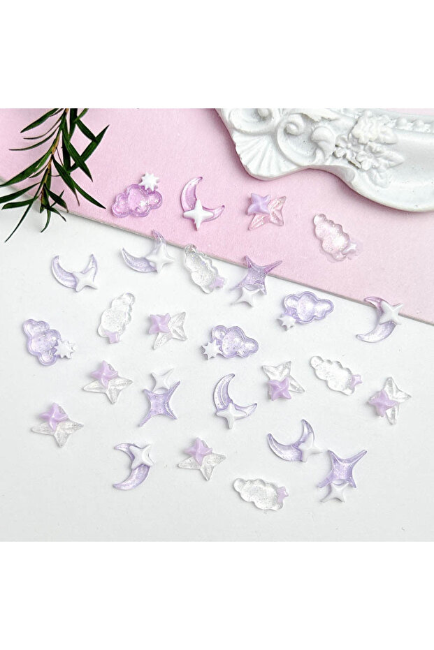 Mixed 50pcs 50PCS Transparent Resin Moon Cloud Nail Art Charms with White Purple Sparkling Four-poin