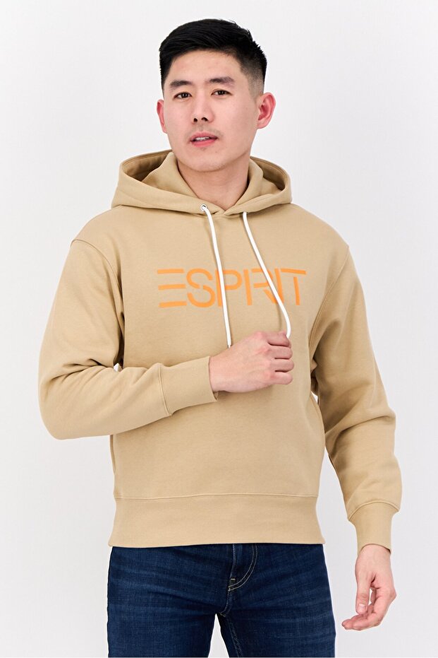 Men Hooded Brand Logo Long Sleeves Sweatshirt, Tan