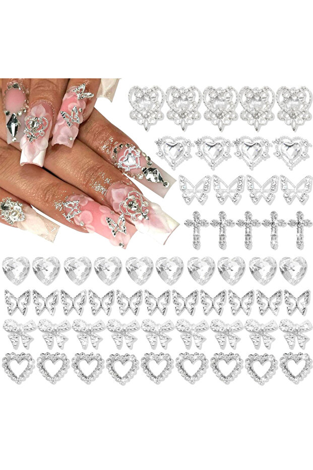 TZ-37 100PCS Silver Nail Charms 3D Bows for Nails 8 Shapes Butterfly Nail Charms Shiny Crystal Heart