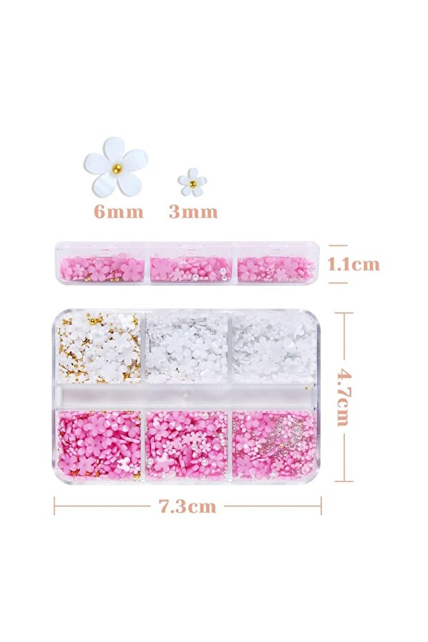 One Box 6Grid 3D Mixed Pink White Small Flower Nail Art Charms With Gold Silver Beads Kawai