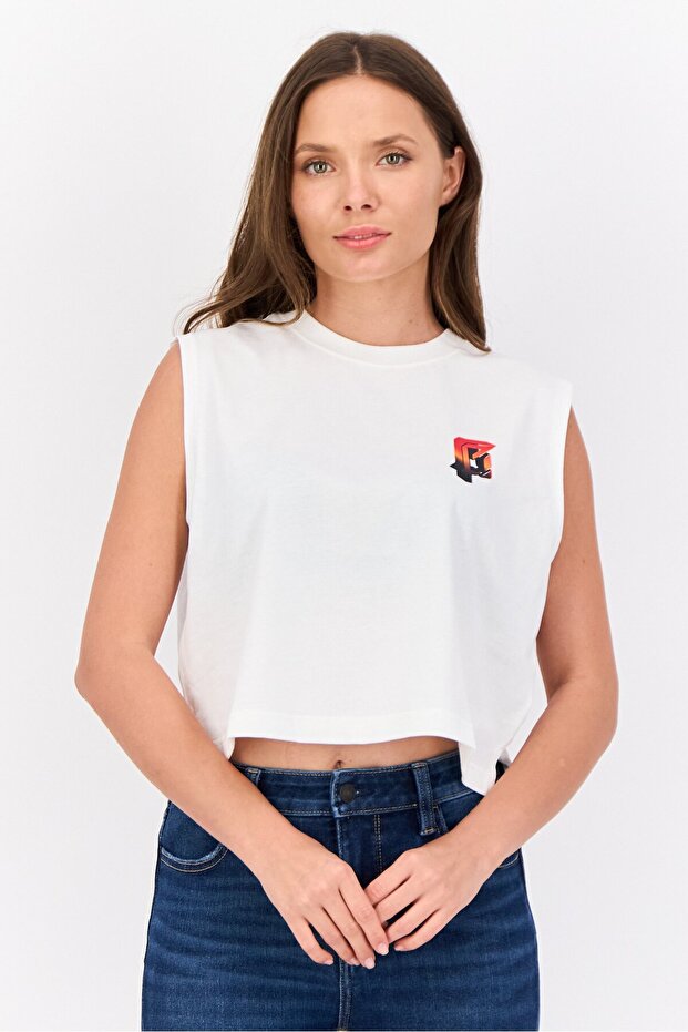 Women Crew Neck Graphic Print Tank Top, White