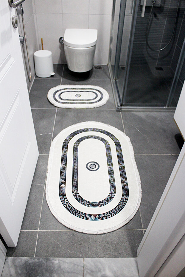 Silver Greek Patterned Bath Mat Non-Slip Base, Machine Washable, Bath Mat Set of 2 with Fringes - 2
