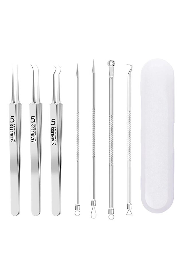 WHITE 7pcs Stainless Steel Splinter Acne Clip Cell Tweezer Blackhead Clip Pimple Pin Beauty Salon Ac