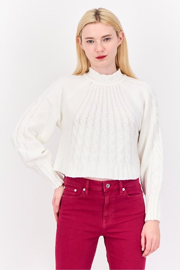 Women Mock Neck Knitted Sweater, Bright White