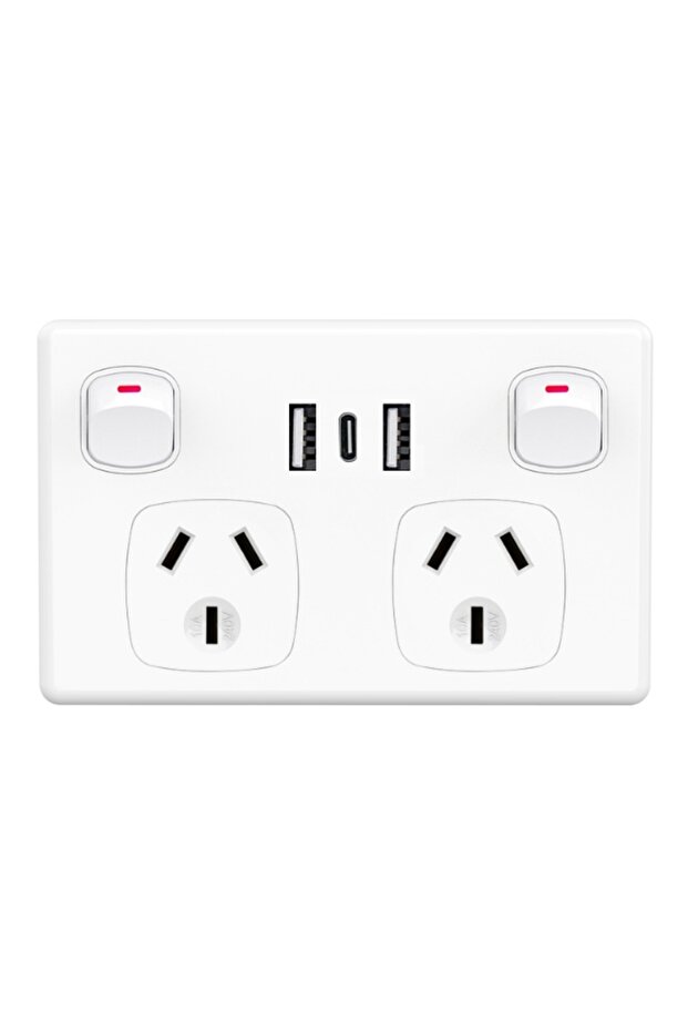 مقبس حائط USB قياسي أسترالي أبيض 2USB-A 1Type-C بمنفذ مزدوج مع Type-C ومفتاح، AU P
