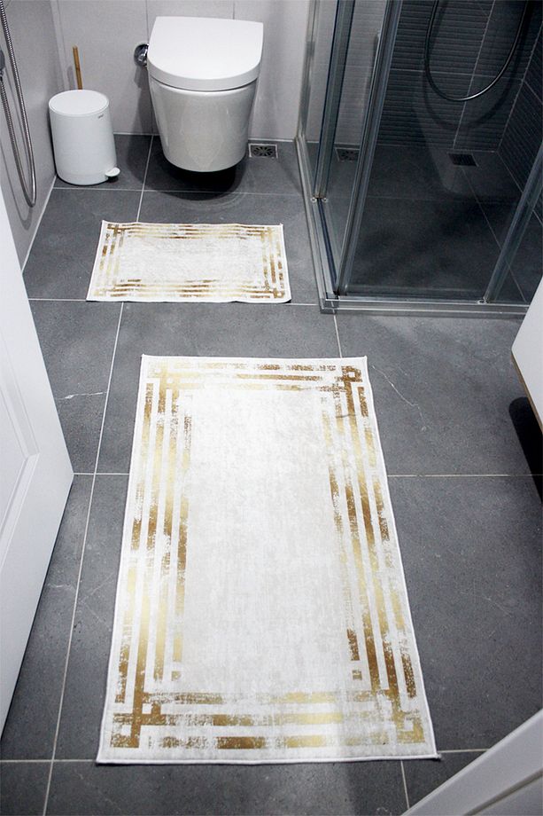 Gold Çizgi Desenli Banyo Paspası, Kaymaz Taban, Makinada Yıkanabilir, Banyo Paspası 2 li Set - 1