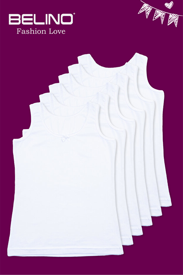 Girl's Plain White Color Combed Cotton Lycra 6 Pack Tank Top with Straps