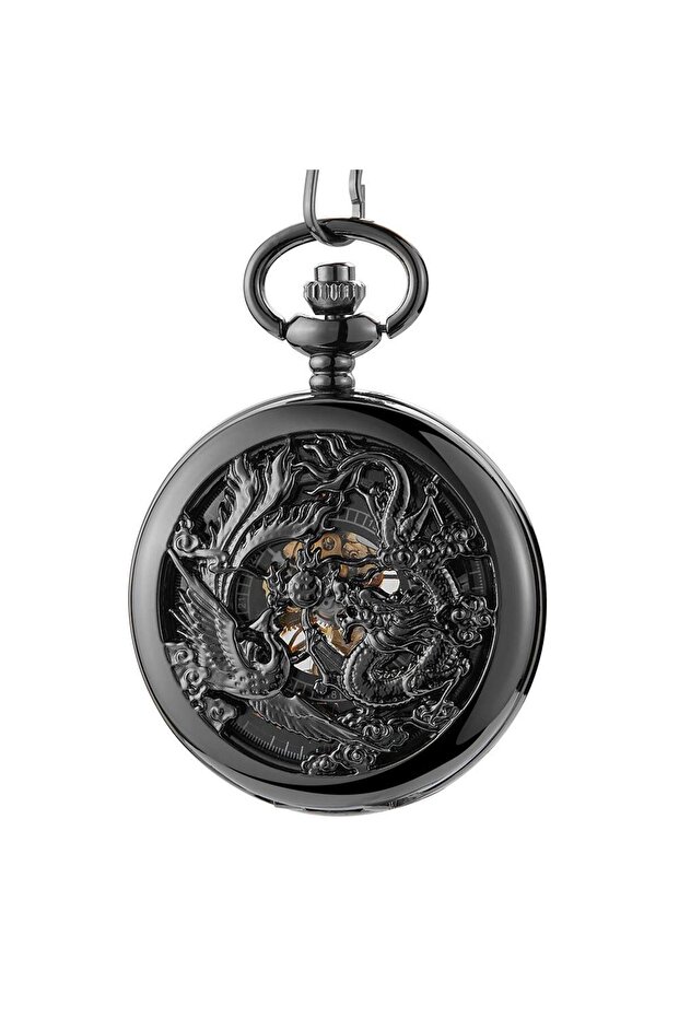 Dragon Motif Mechanical Skeleton Pocket Watch with Chain, Wind-Up, No Battery