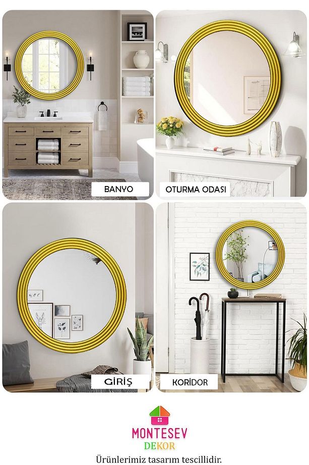 Zümrüt Ahşap Gold Dekoratif Ayna Yuvarlak Ayna Işlemeli Duvar Aynası Tekli - 56 Cm - 6