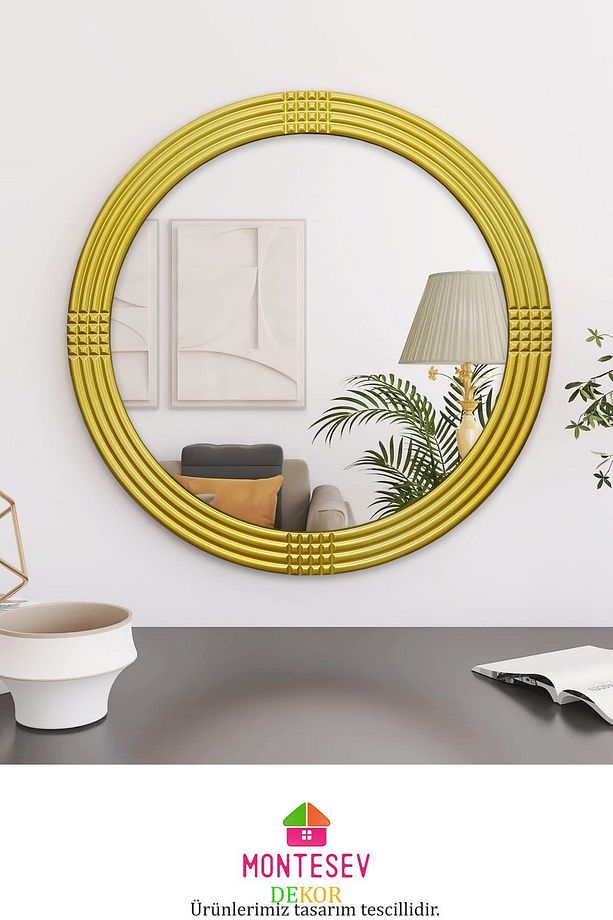 Safir Ahşap Gold Dekoratif Ayna Yuvarlak Ayna Işlemeli Duvar Aynası Tekli - 69 Cm - 3