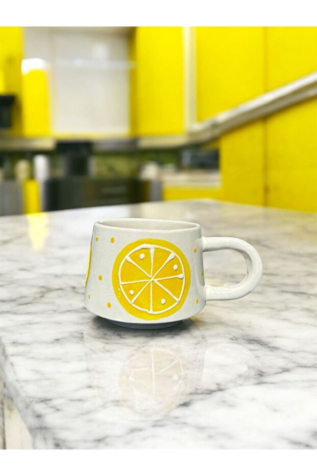 Handmade Lemon Embossed Patterned Ceramic Mug - 3