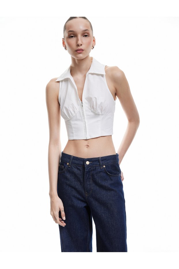 Zippered Cotton Slim Fit Shirt Collar Sleeveless Crop Blouse