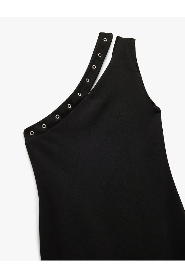 Krep Scuba Kumaş Aksesuarlı Slim Midi Boy Tek Omuz Elbise - 5