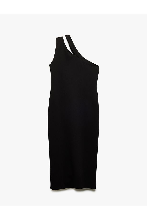 Krep Scuba Kumaş Aksesuarlı Slim Midi Boy Tek Omuz Elbise - 4