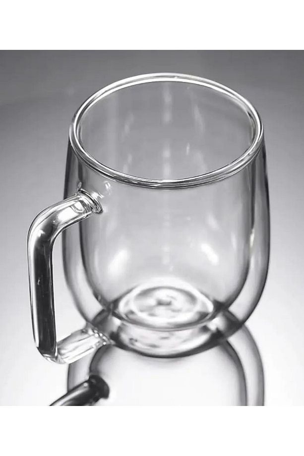 Çift Camlı Çift Cidarlı Cam Kupa 350ml Ev Ofis Fincanı Çift Camlı Kulplu Bardak 2li - 5