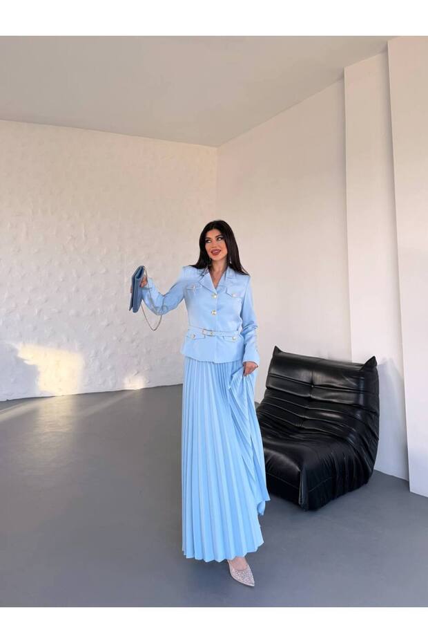 Women's Belted Gold-Buttoned Premium Jacket and Pleated Long Skirt Suit