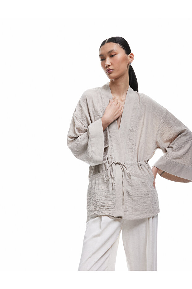 Long Sleeve Pocketed Double Breasted Kimono with Lace up Detail at Waist