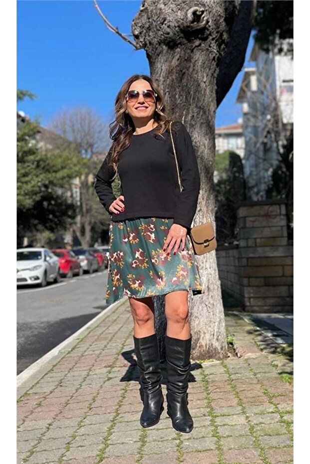 Saten Etekli Triko Elbise - 1