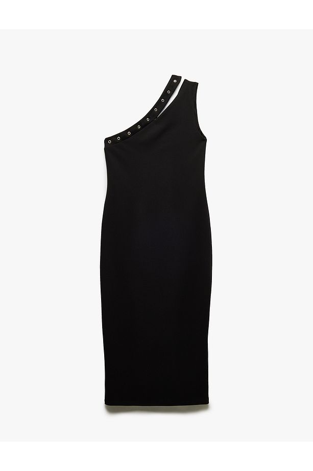 Krep Scuba Kumaş Aksesuarlı Slim Midi Boy Tek Omuz Elbise - 3