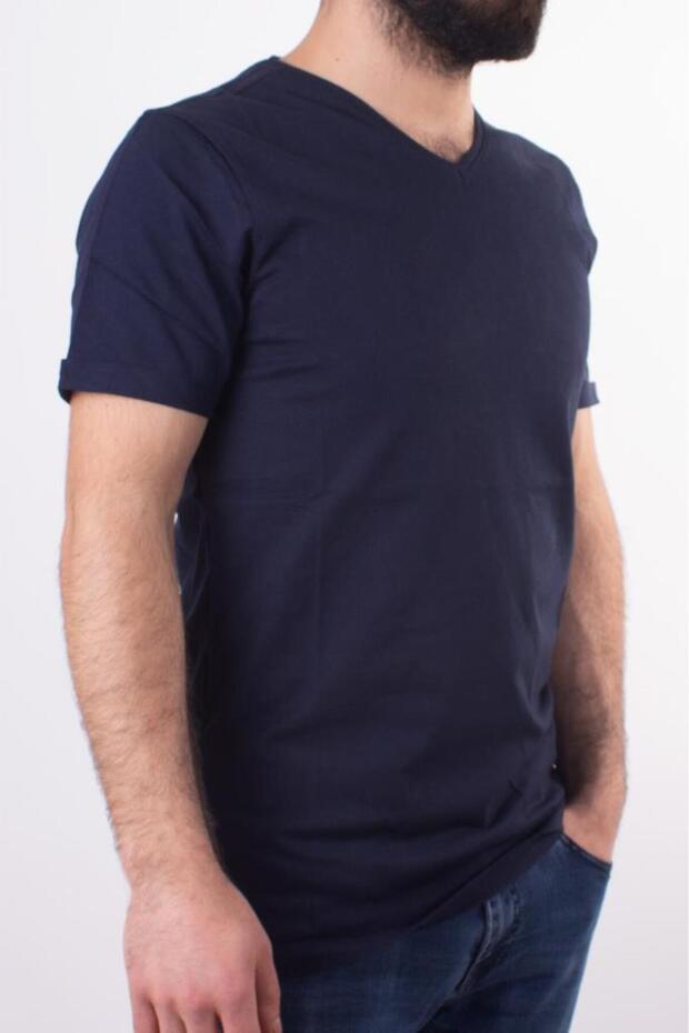 Twi̇ster Jeans 1827 Navy Blue V-Neck Men's T-Shirt