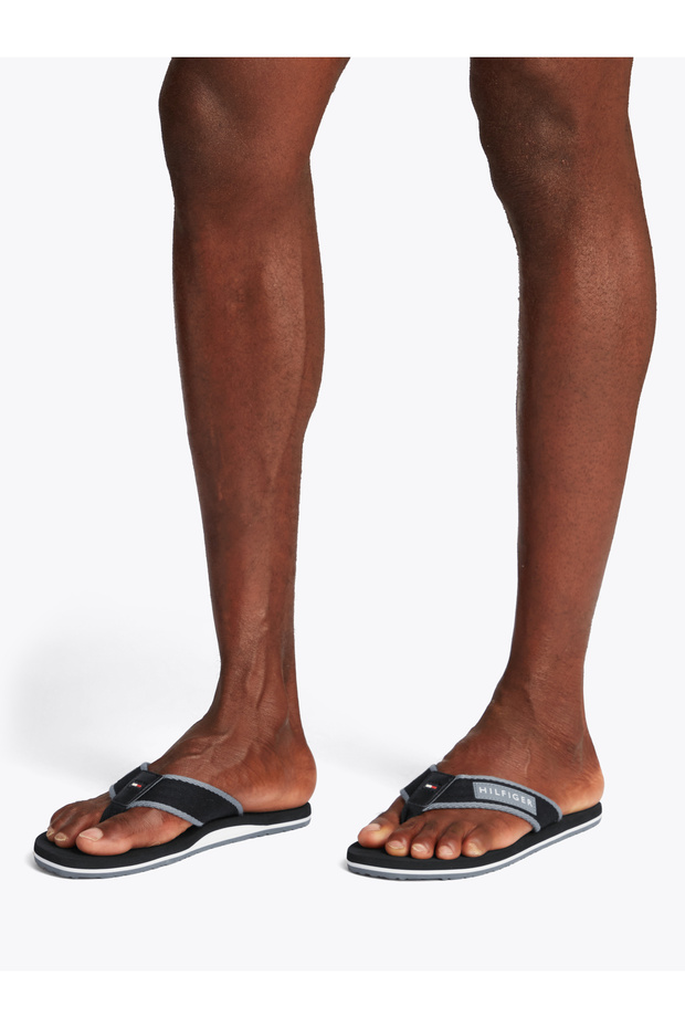 Men Black Patch Logo Webbing Flip Flops - 2