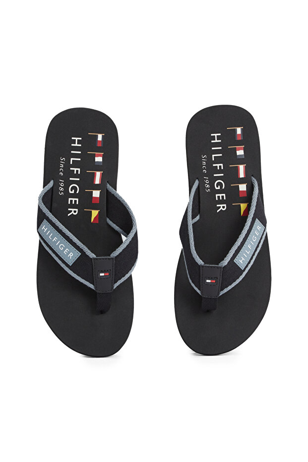 Men Black Patch Logo Webbing Flip Flops - 5