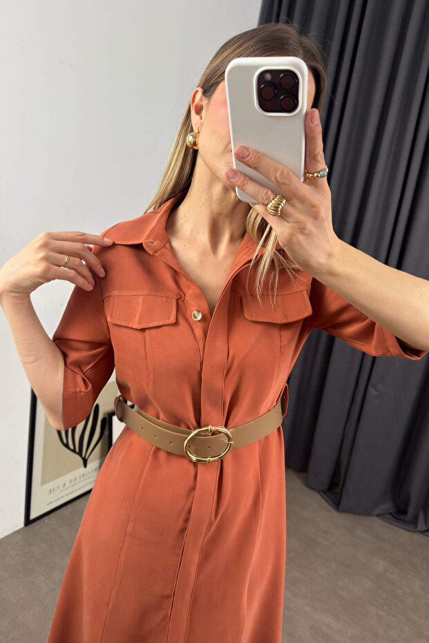 Tarçın Rengi Kısa Kollu Midi Boy Elbise - 5