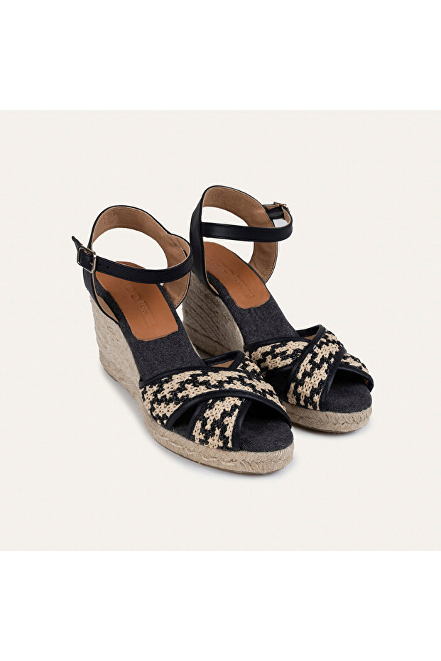 Women's Black Banded Straw Wedge Heeled Shoes