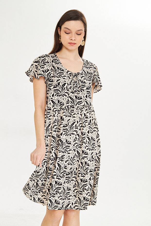 منقوشة الخامس الرقبة فستان قصير - 2