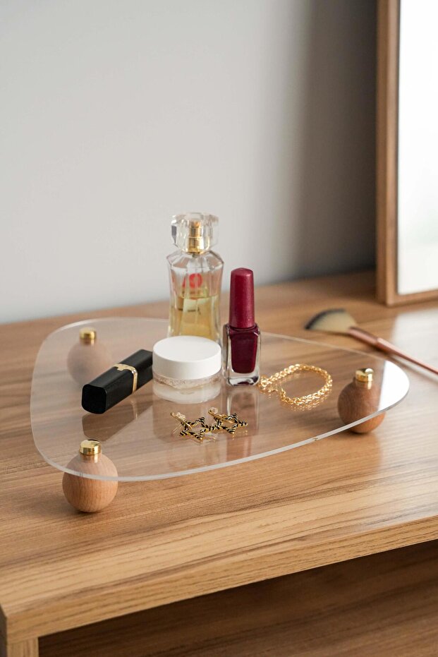 Oval Plexiglass Ball Footed Gold Buttoned Transparent Organizer Organizer Stand