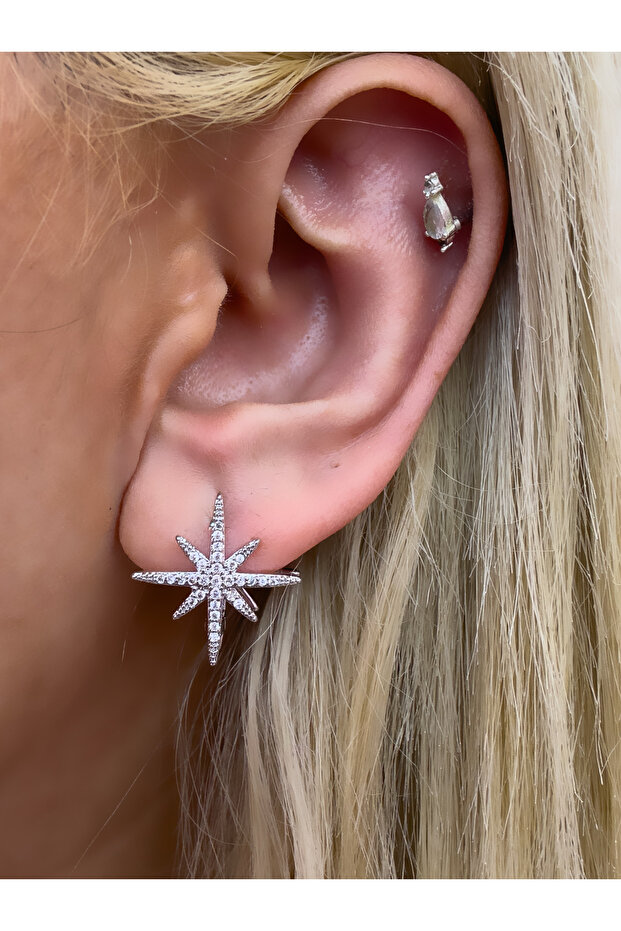 ZİRKON TAŞLI KUTUP YILDIZI MODEL ÇELİK KÜPE - 5