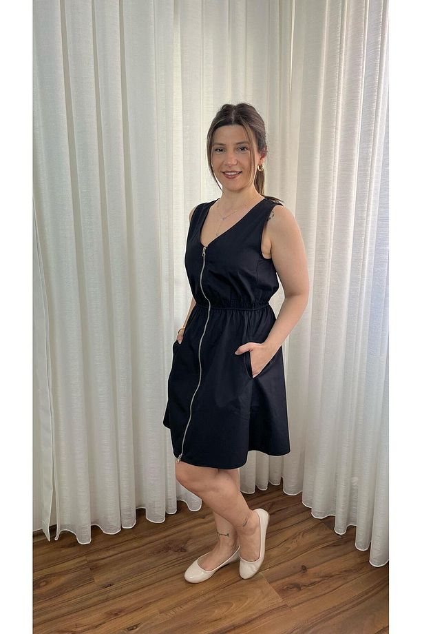 Siyah Önü Fermuarlı Poplin Elbise - 2