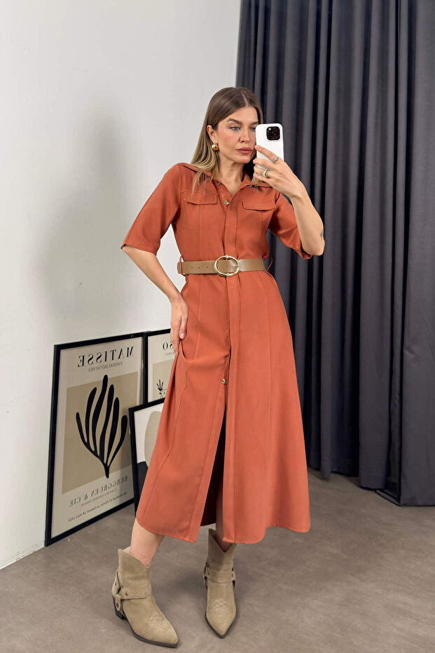 Tarçın Rengi Kısa Kollu Midi Boy Elbise - 4