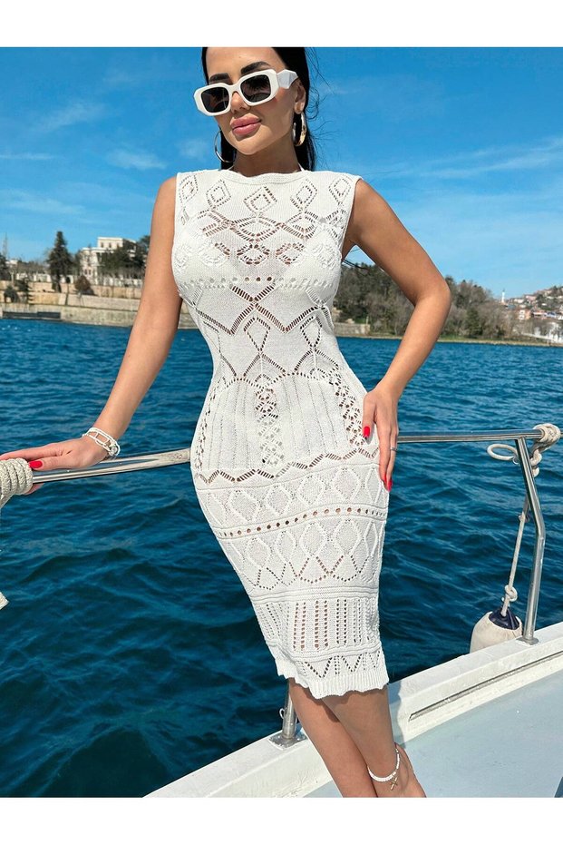 3843 Cream Midi Length Seasonal Patterned Pareo Beach Dress