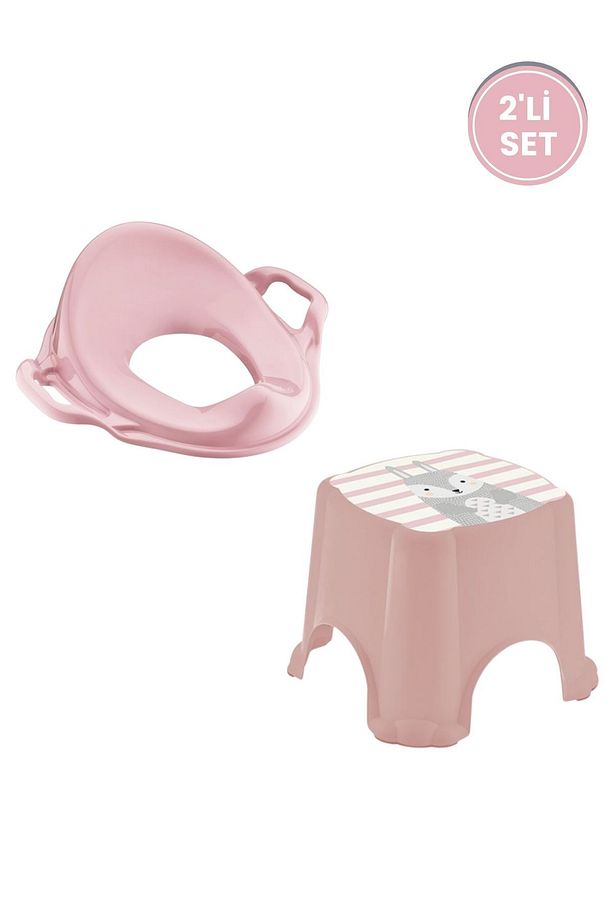 Kaydırmaz Çocuk Banyo Taburesi ve Kulplu Klozet Tuvalet Eğitimi Alıştırma Adaptörü 2'li Set Pembe - 2