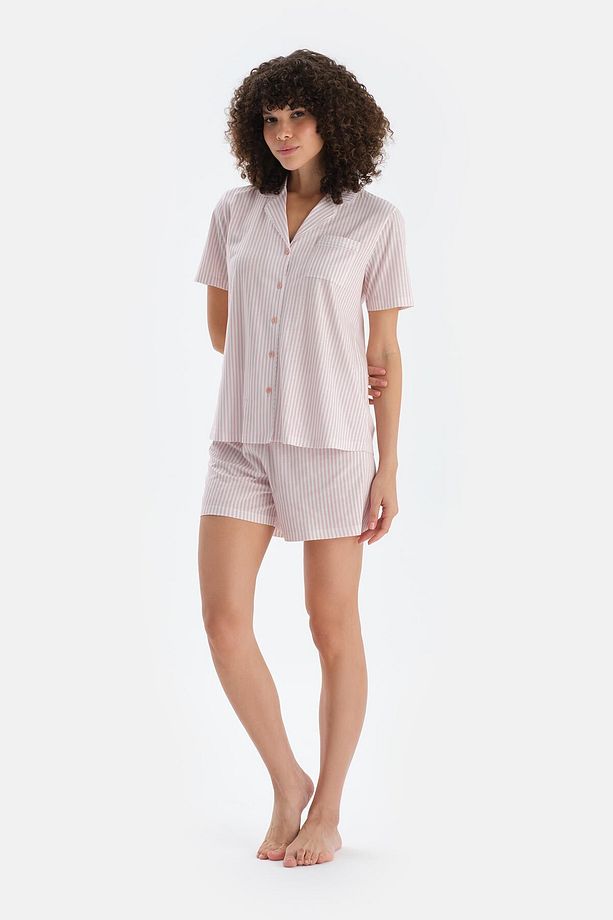 Açık Pembe Çizgili Penye Modal Gömlek Şort Pijama Takımı - 1
