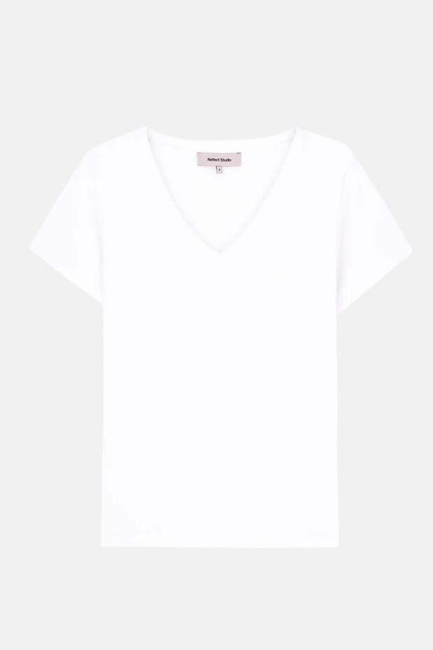 Basic V Yaka Modal Kadın T-shirt - Beyaz - 1
