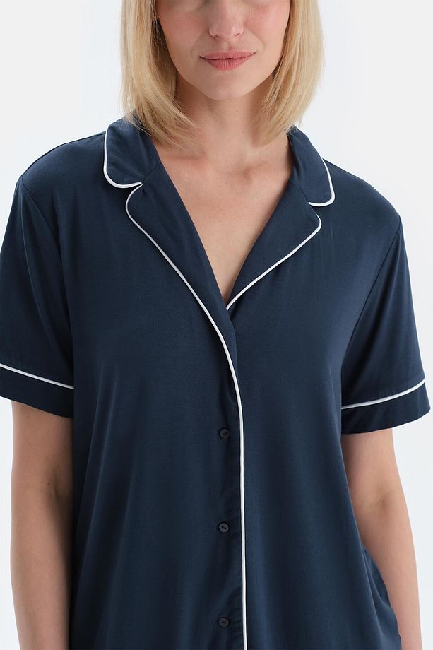İndigo Biye Detaylı Kısa Kollu Gömlek Şort Pijama Takımı - 6
