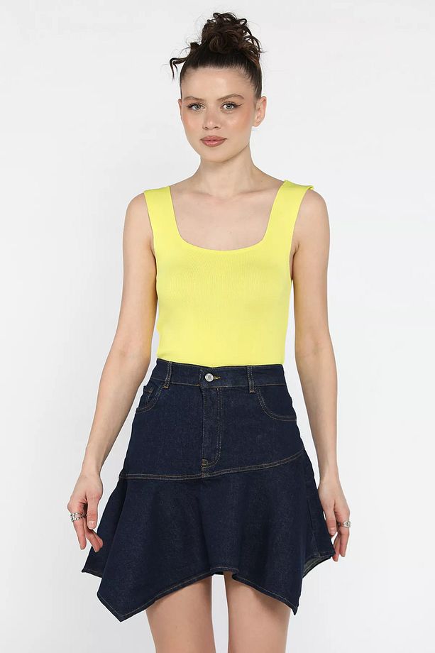 Lacivert Volanlı Jean Kot Etek - 2