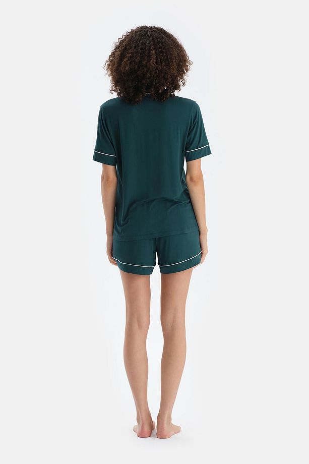 Koyu Yeşil Biye Detaylı Penye Modal Gömlek Şort Pijama Takımı - 2