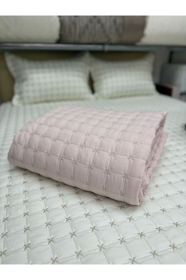 Çift Kişilik Kapitoneli Yatak Örtüsü Takımı - Pike Takımı - Pembe - 1