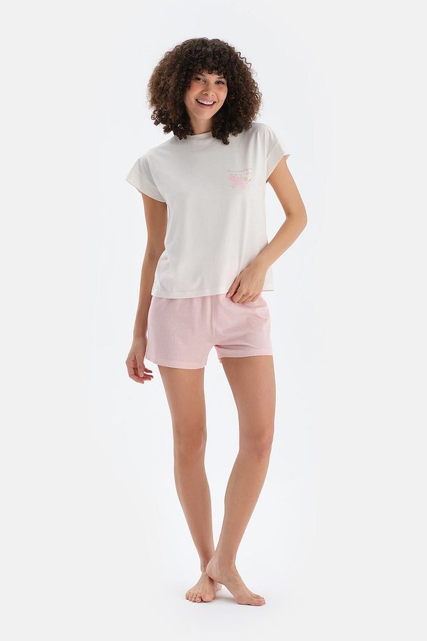 Ekru Baskı Detaylı Kısa Kollu Tişört Şort Pijama Takımı - 4