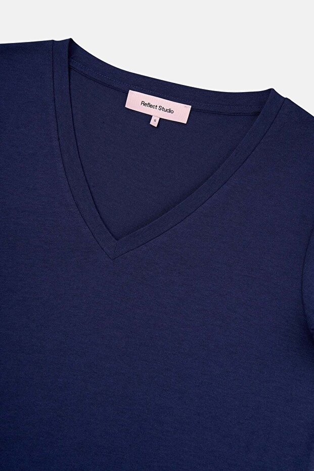 Basic V Yaka Modal Kadın T-shirt - Lacivert - 2