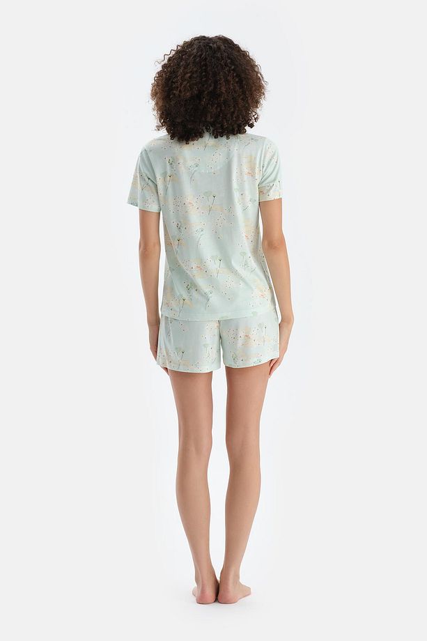 Açık Yeşil Çiçek Baskılı Penye Modal Gömlek Şort Pijama Takımı - 2