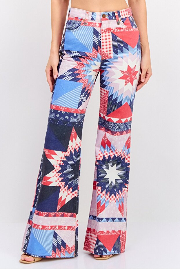 Women Regular Fit Wide Leg Allover Print No Stretch Jeans, Blue