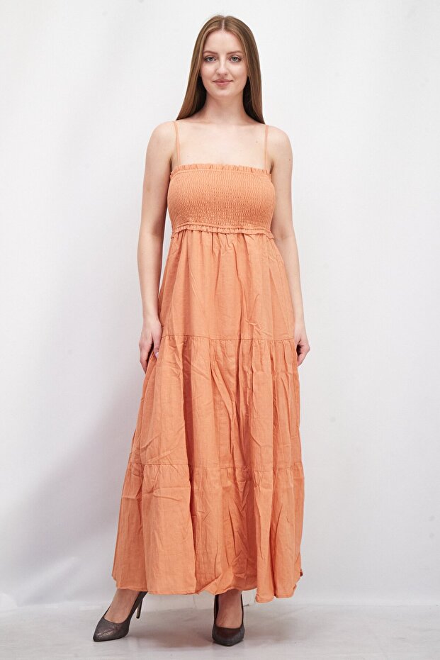 Women Ruffle Neck Sleeveless Textured Maxi Dress, Peach