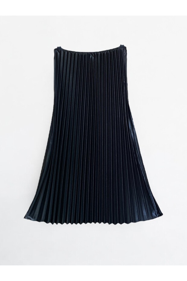 Women's Black Leather Look Pleated Long Skirt