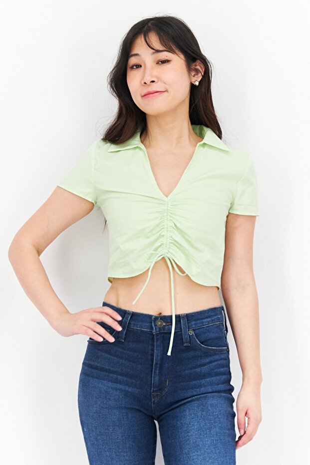 Women Spread Collar Short Sleeve Plain Top, Green