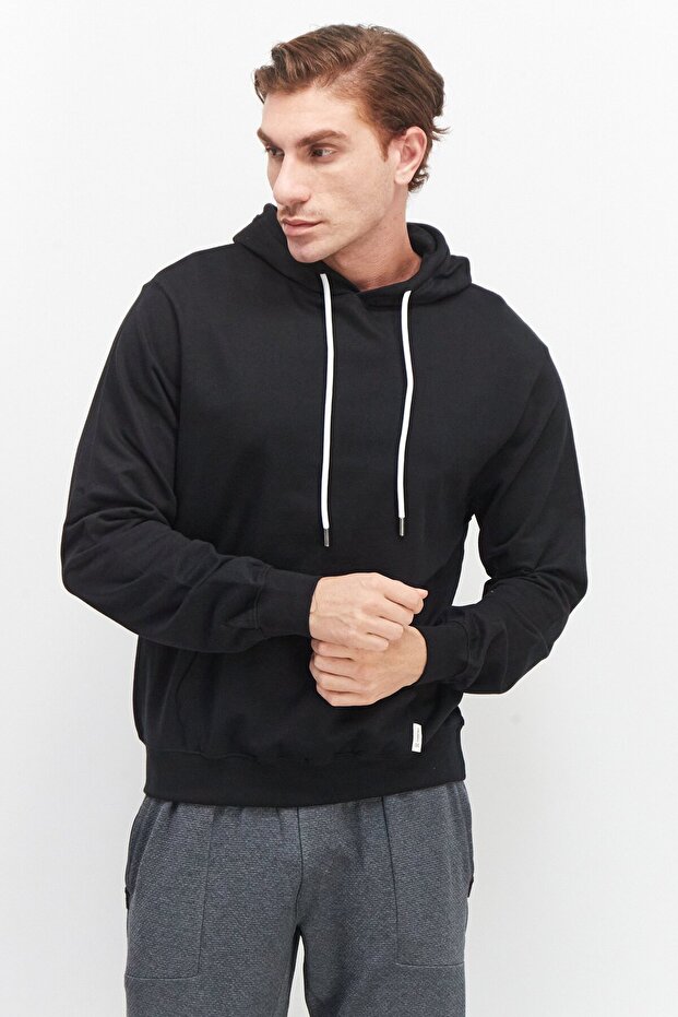 Men Solid Hooded Sweatshirt, Black - 1